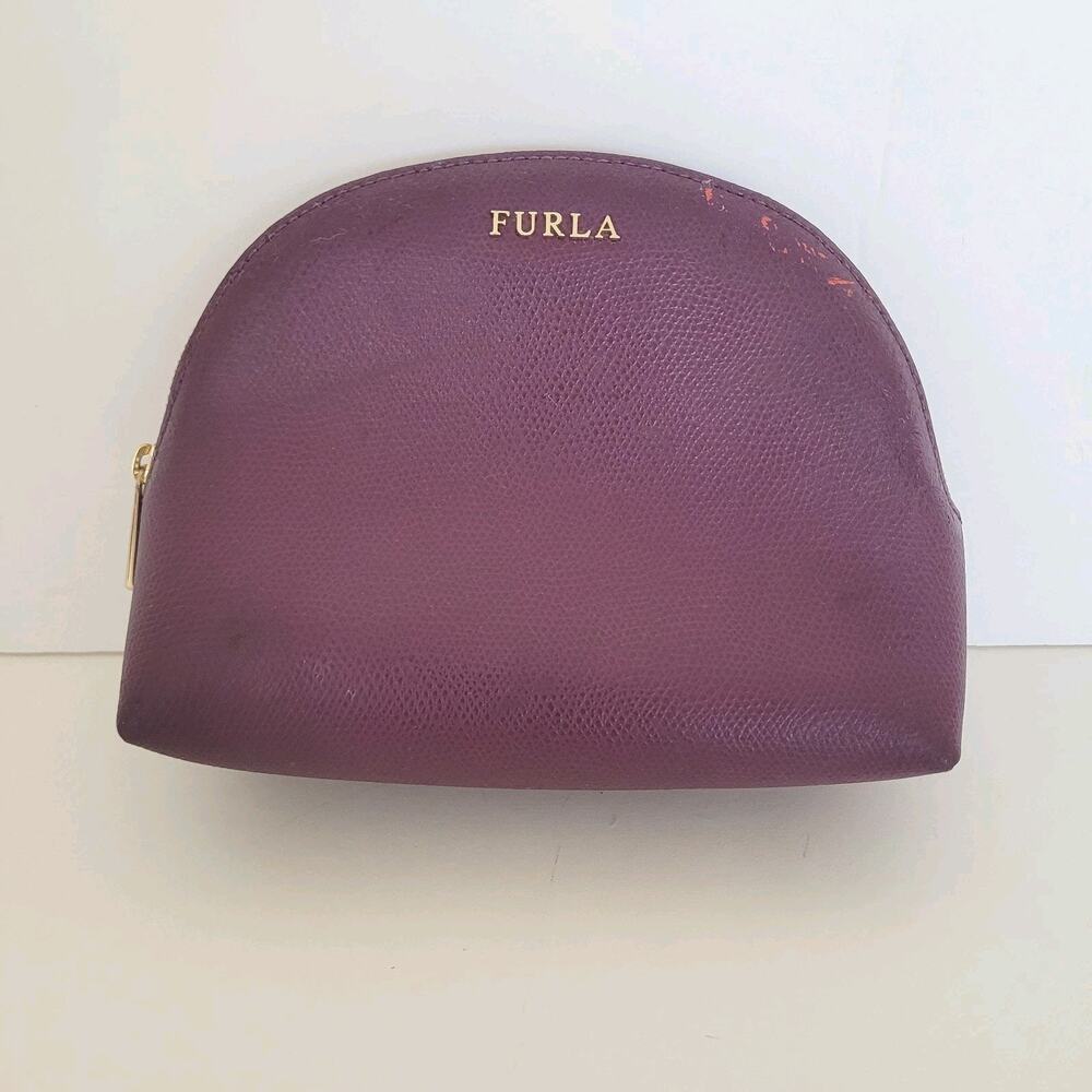 Furla Case Purple Geniue Leather Cosmetic Bags Pouch Small Zip Dome Italian Fair